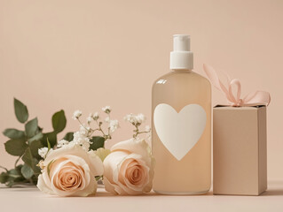 Close-up of sanitizer bottle with heart-shaped label next to small bouquet of roses and Valentine-themed packaging. Minimalistic composition on smooth beige surface with softly blurred edges
