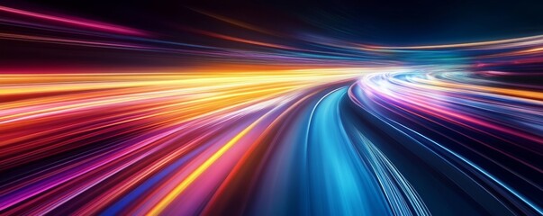 Fototapeta premium Colorful light trails on a dark road, concept of speed and motion in a futuristic cityscape