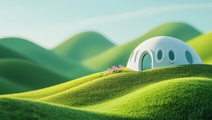 Small futuristic house on grassy hill with rounded white roof and windows