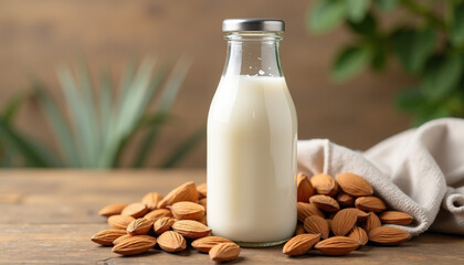 Almond Milk Bottle Healthy Still Life. AI Generation.