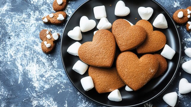 Heart Shaped Gingerbread Cookies With Marshmallows On Dark Plate