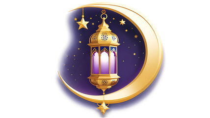 Golden Islamic Lantern with Crescent Moon – Transparent Background