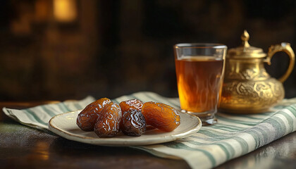An inviting setting with succulent dates and aromatic tea, ideal for Ramadan iftar announcements, cozy cafés, or traditional gatherings.