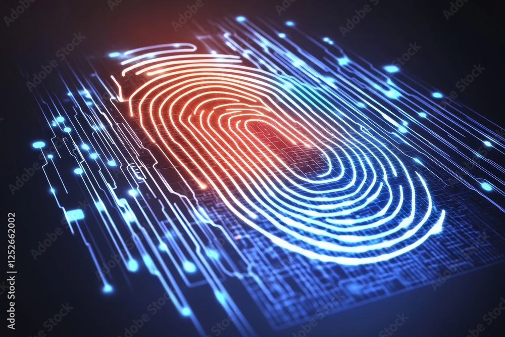 Poster colorful digital fingerprint with glowing neon circuit patterns on black background, symbolizing bio
