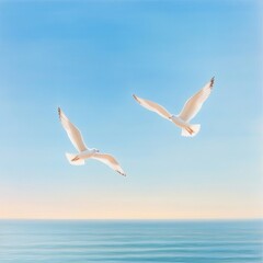 Obraz premium Pair of Seagulls Soaring Over Tranquil Ocean Waters Under Blue Sky