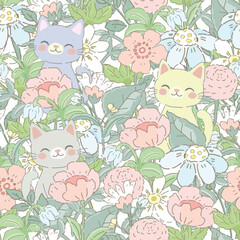 Cute kitten cat having fun in flora flower seamless pattern