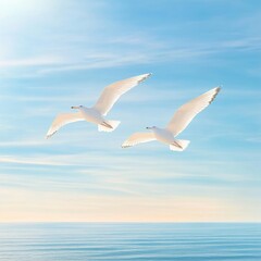 Fototapeta premium Pair of Seagulls Soaring Over the Calm Ocean Under Blue Sky