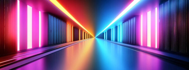 Abstract digital background with blurred server room and illuminated data center rack