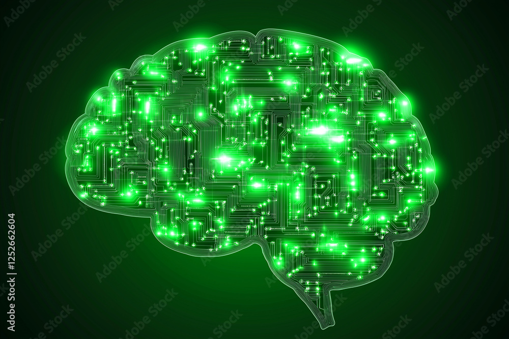Canvas Prints tech circuit board shaped like brain glowing green background