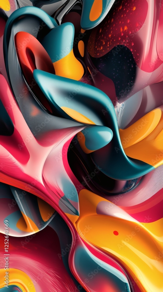 Poster stiff geometric shapes molten liquid forms come together in a fluid abstract art design with a vibra
