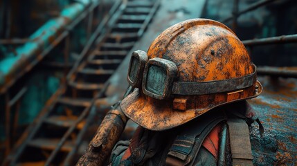 Rusty Helmet and Goggles: A Post-Apocalyptic Industrial Scene
