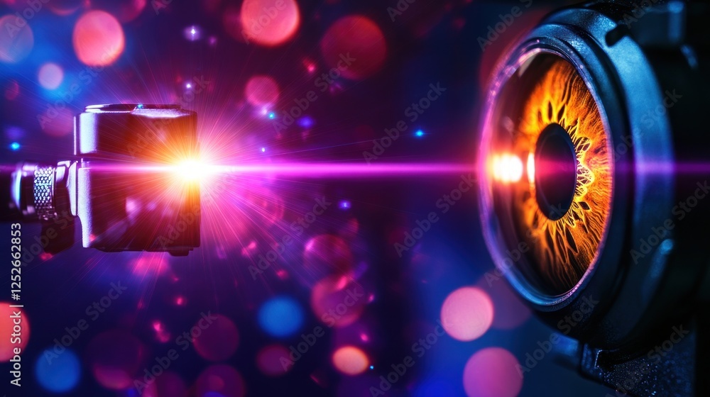 Poster camera lens beams light into robotic eye; futuristic bokeh background; tech ad