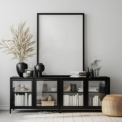 Modern Home Decor: Stylish Glass-Front Cabinet with Books, Plants, and Artwork Displayed Elegantly in a Minimalist Setting