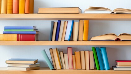 Fototapeta premium Light Wooden Bookcase with Books and Decorative Items