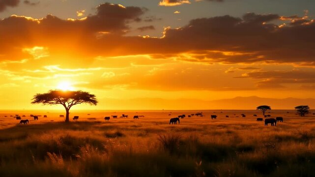 Serengeti sunrise: elephants grazing under golden sky in african savannah