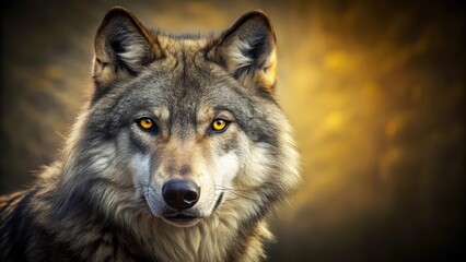Fototapeta premium A Majestic Gray Wolf with Golden Eyes, a Symbol of Wild Beauty and Untamed Nature, Gazes Directly at the Camera Against a Softly Blurred Autumnal Background