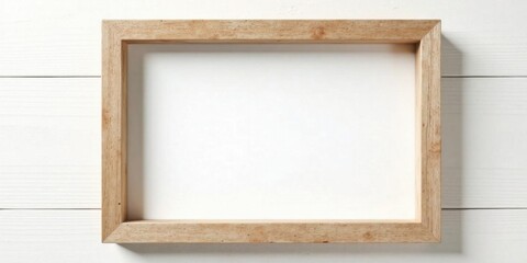 Fototapeta premium A Simple Light Wooden Frame on a White Plank Background, Perfect for Your Design Projects or Mockups