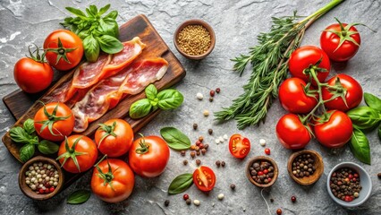 Aromatic Culinary Composition Featuring Sliced Cured Meat, Juicy Vine-Ripened Tomatoes, Fragrant Herbs, and Assorted Spices on a Rustic Surface