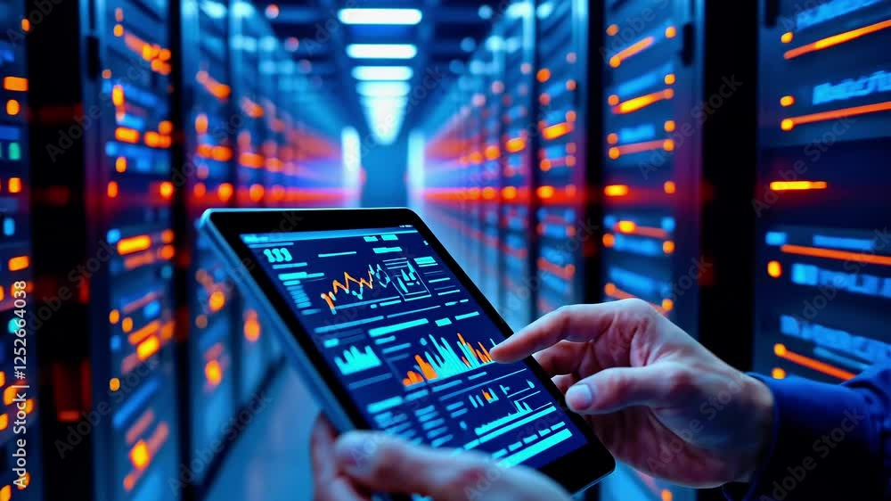 Aufkleber a person analyzing data on a tablet in a vibrant server room filled with illuminated racks