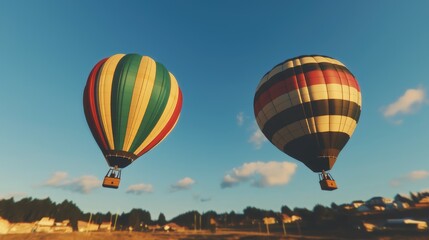 Fototapeta premium Two hot air balloons fly over rural landscape at sunset