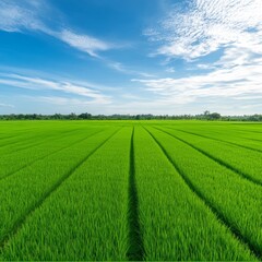 Naklejka premium Lush Green Rice Field Divided into Perfect Squares Under Clear Sky