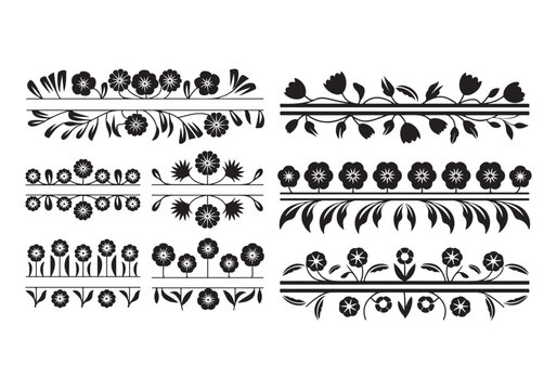 A vector illustration of floral borders with a modern, sleek silhouette design. Each border has a unique pattern with a clear central line. The white background highlights the boldness