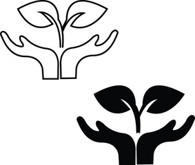 Line icon of hands cradling a plant, representing care for nature, sustainability, or environmental stewardship.