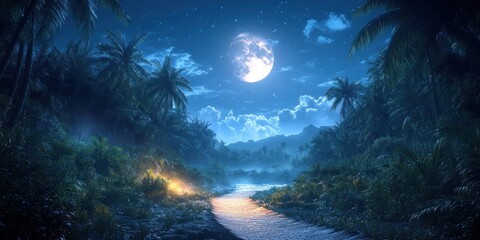 Tropical Night Scene: Moonlit River Path in Lush Jungle