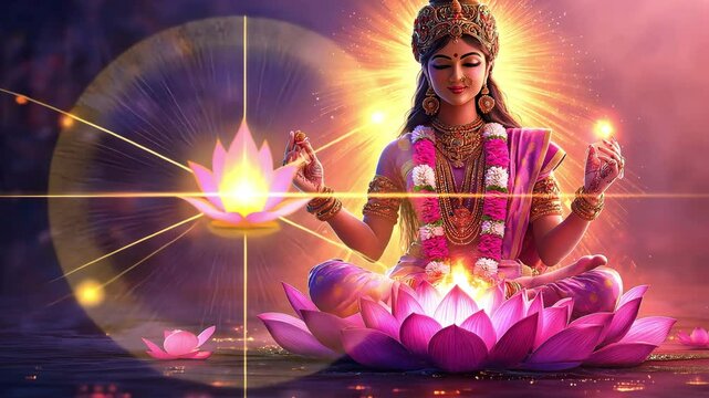 depicts the Hindu goddess Laxmi, who is a symbol of riches and success, sitting on a lotus with a heavenly feel.