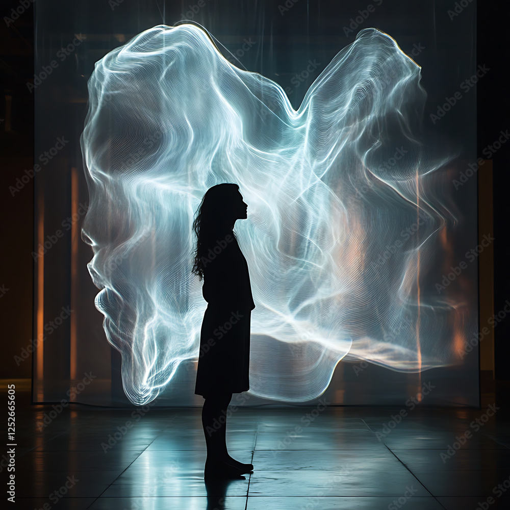 Poster human silhouette stands in front of dynamic ai hologram, creating captivating visual experience. int
