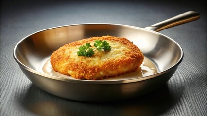Golden-brown breaded patty in a creamy sauce, resting in a sleek metallic pan, garnished with fresh parsley