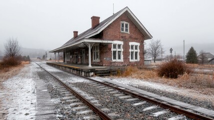 Obraz premium Snowy Day at Abandoned Brick Train Station