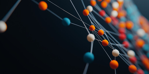 Dynamic molecular structure of interconnected spheres on a dark background, symbolizing digital networks, science, and artificial intelligence