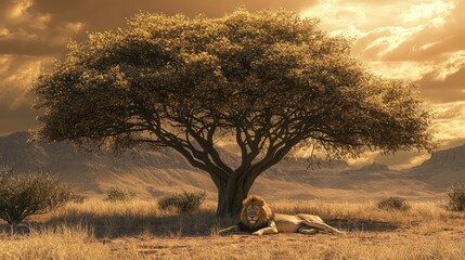 A lion resting under a tree in the African savannah.
