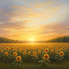 Obraz premium Serene Sunset Over Sunflower Field Illuminated by Golden Light