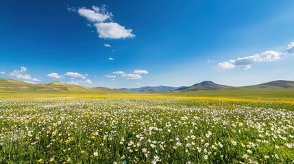 Obraz premium Field of wildflowers in full bloom under a bright blue sky.