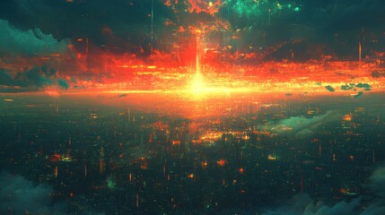 Cityscape apocalypse; fiery sunset, digital art