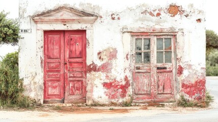 Two weathered red doors on a crumbling whitewashed building in a rural setting