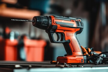 Red and Black Power Drill with Drill Bit on Workbench in Workshop