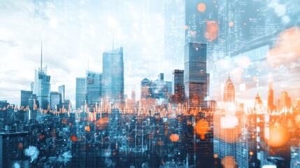 Cityscape, data overlay, financial markets, urban growth, technology