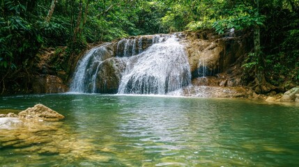 Fototapeta premium A waterfall cascading down into a serene pool of water in the forest.