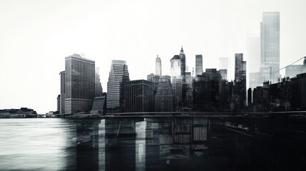 Fototapeta premium Cityscape Double Exposure, Urban Skyline, Waterfront, Bridge, Modern Architecture, Business Background