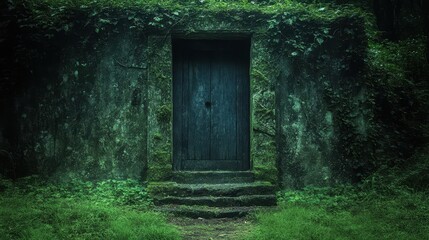Mysterious forest door, stone steps, overgrown entryway, hidden location, fantasy setting