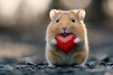Ad animal artwork. Hamster - my beloved animal. Cute hamster baby with sparkling rhinestones red heart on in a natural habitat. Cute creatures in love. Valentine's love-themed art. Wild love.