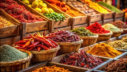 A vibrant array of colorful spices and dried chilies displayed in rustic wooden crates and baskets at a bustling market