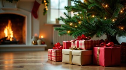 Cozy Christmas Presents Underneath a Decorated Fir Tree Near a Warm Fireplace