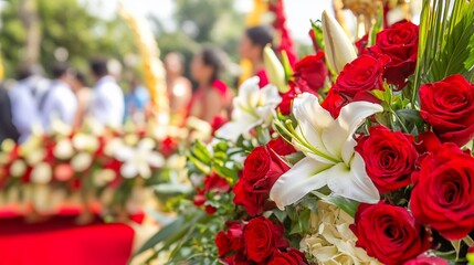 Fototapeta premium Red roses and lilies, ceremony procession, blurred background, outdoor
