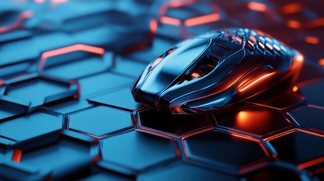Futuristic metallic mouse on hex grid, tech background
