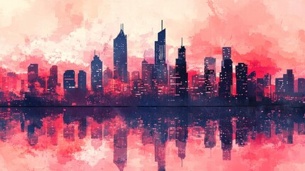 Cityscape reflection, dawn watercolor, urban skyline, promotional use