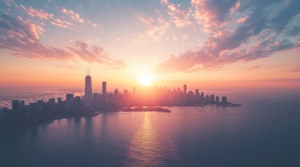 Cityscape sunrise, aerial view, lake, vibrant sunset, urban skyline, travel poster